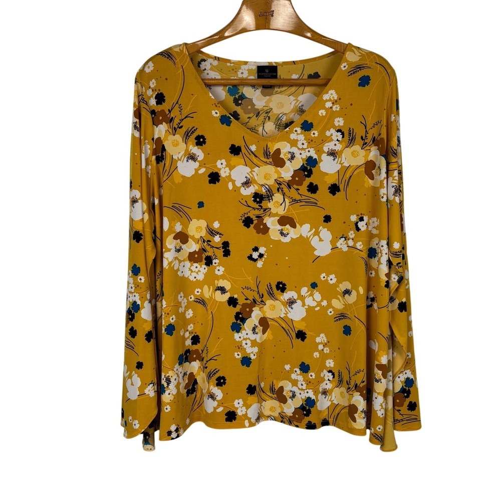 Worthington 1X Mustard Floral Bell Sleeve Top Stretch V Neck Plus Size Blouse